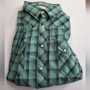 Wrangler Long Sleeve Pearl Snap Button Up Green Plaid XXL Double Pockets Collar